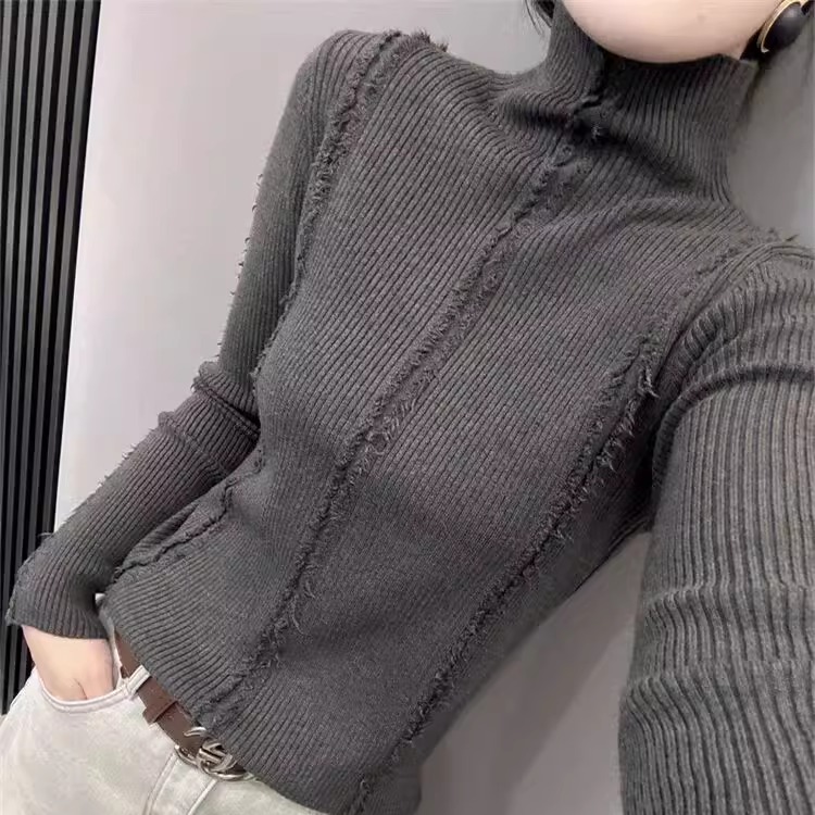 秋冬新款法式流苏高领针织打底衫