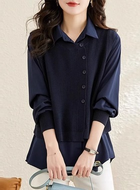 清仓捡漏专柜撤回马甲拼接假两件针织衫女春秋洋气减龄衬衫领上衣