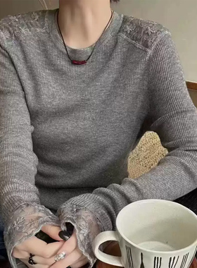 欧洲站2025春季新款圆领肩膀袖口拼接蕾丝羊毛衫女修身百搭打底衫