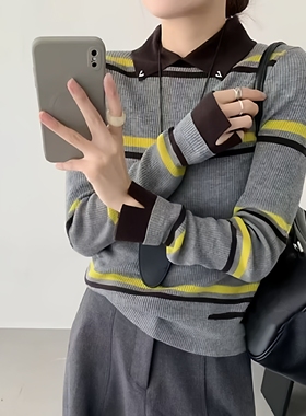 费尔岛灰色娃娃领针织开衫女2025秋冬新款慵懒风软糯百搭毛衣外套