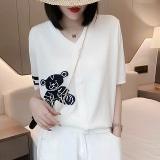 清仓捡漏~品牌外贸折扣V领小熊冰丝开衫短袖女夏薄款减龄宽松上衣