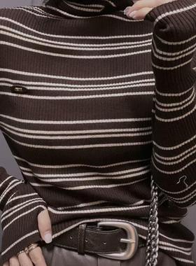 2025秋冬新款法式高领撞色条纹长袖针织衫女修身显瘦百搭打底毛衣