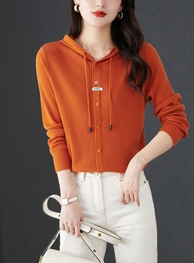 清仓捡漏~品牌外贸折扣连帽针织衫女秋冬短款小个子洋气贴布毛衣