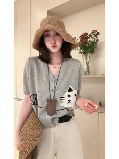 女V领宽松显瘦冰丝上衣 欧洲站2025夏季 新款 减龄猫咪印花短袖 开衫