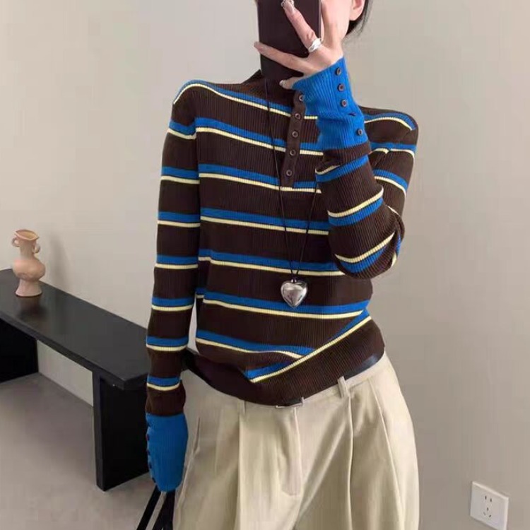 法式复古撞色条纹高领针织衫女