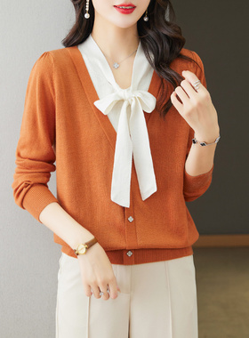 品牌清仓捡漏专柜撤回蝴蝶结假两件毛衣女春秋洋气减龄针织打底衫
