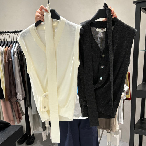 灰色V领无袖针织马甲开衫女