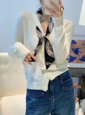 超细羊毛V领丝巾飘带针织开衫女秋季2025新款设计感减龄显瘦毛衣