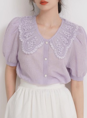 法式娃娃领蕾丝提花冰丝针织上衣女夏薄款时尚减龄紫色泡泡袖T恤