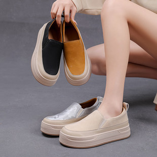 春秋款 百搭平底一脚蹬女鞋 25079 时尚 X厚底英伦风真皮休闲鞋