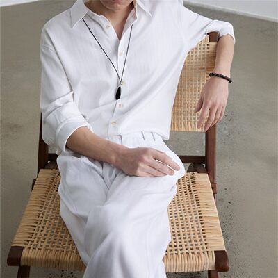 春夏季天丝亚麻翻领衬衫长裤套装