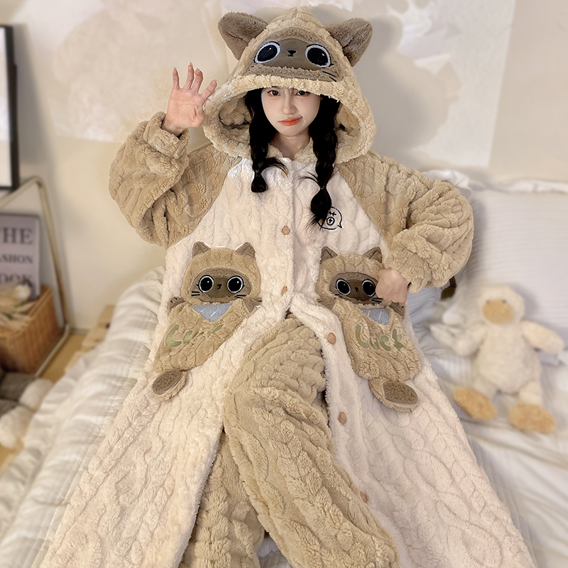 新款珊瑚绒加厚女睡衣家居服套装