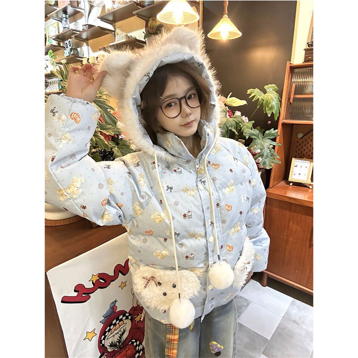 软糯可爱毛绒耳朵小狗玩偶波点连帽棉服女冬季保暖超好看短款棉衣