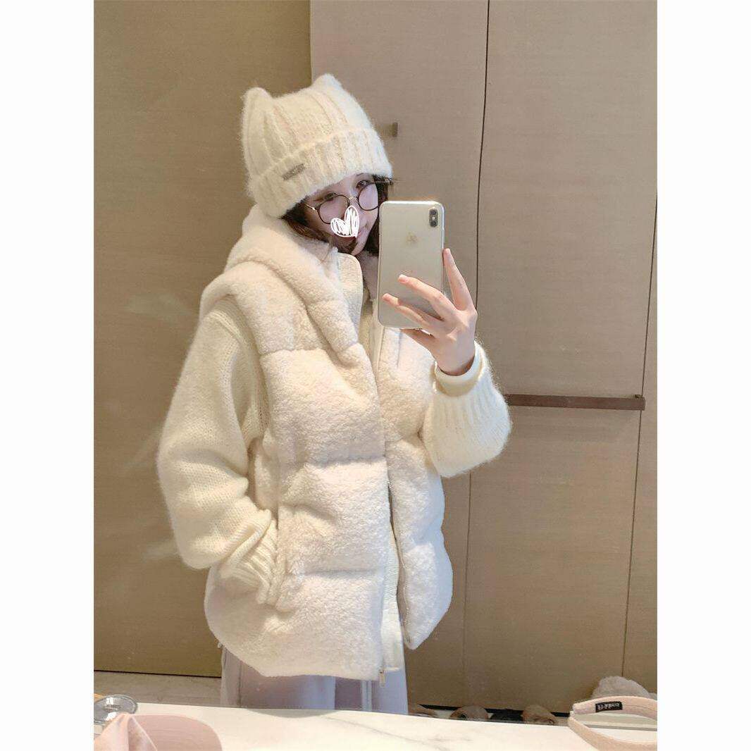 2025冬季高级感连帽开衫马甲外套女学生叠穿针织圆领毛衣两件套装