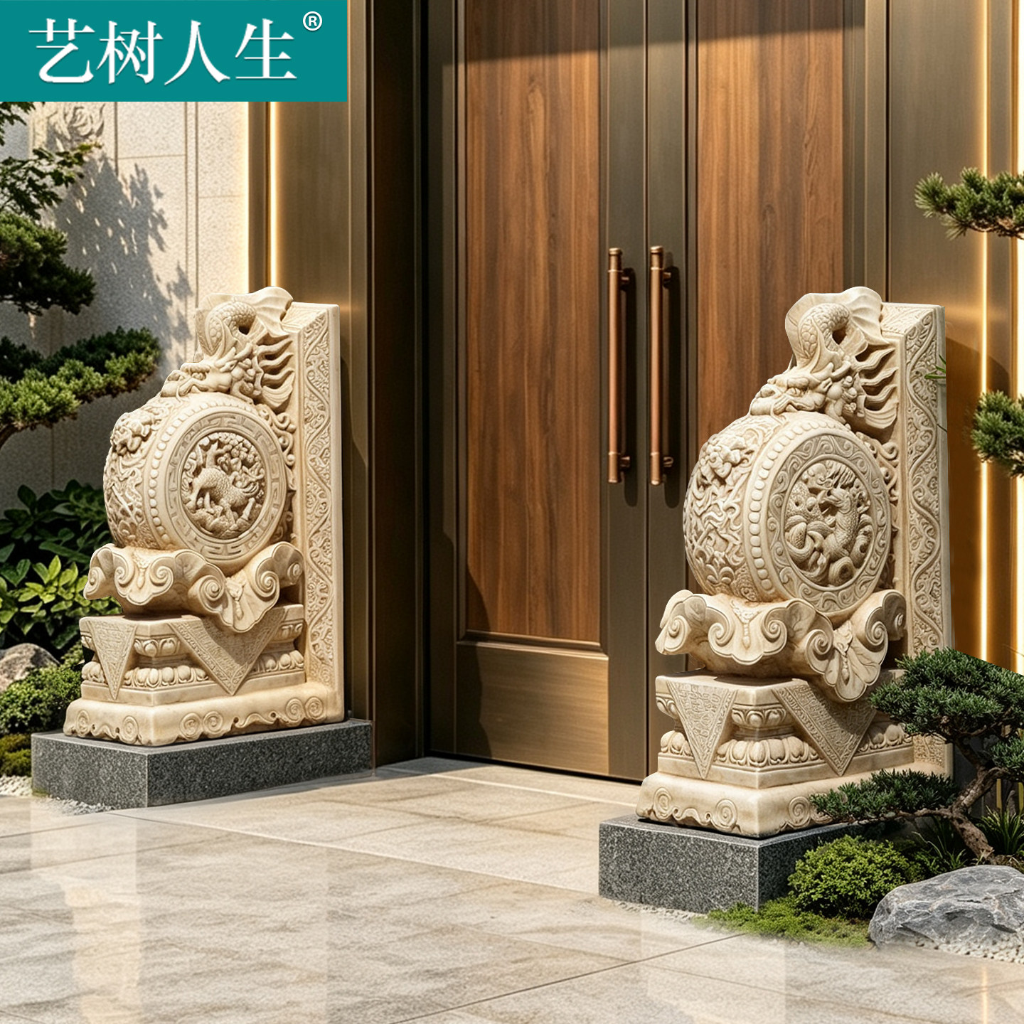 汉白玉仿古石雕抱鼓石门墩一对图片