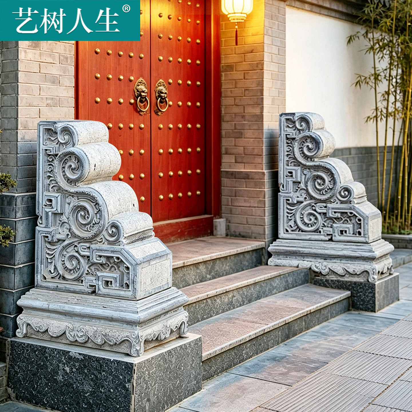 青石仿古书卷抱鼓石门墩可定制