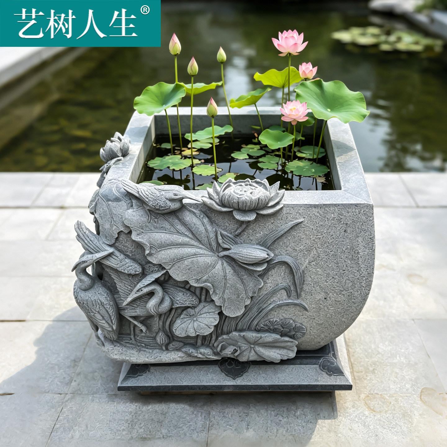 石雕方缸花盆流水摆件聚财庭院图片