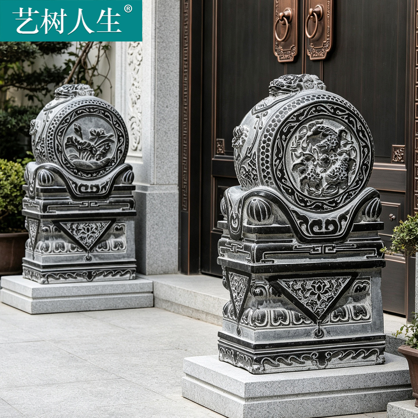青石仿古抱鼓石门墩一对