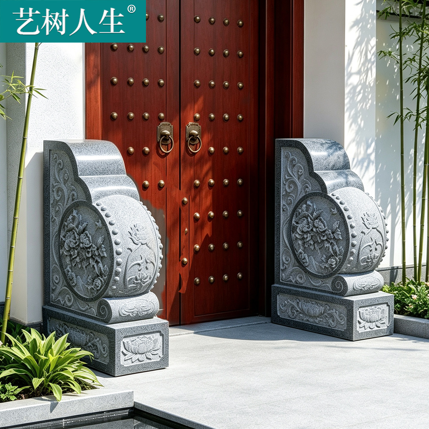 花岗岩石雕抱鼓石一对镇宅招财图片