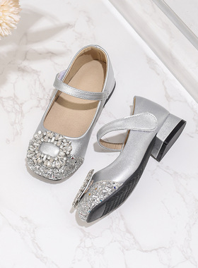 儿童高跟鞋珍珠亮片公主单鞋春秋小女孩银色礼服鞋六一演出小皮鞋