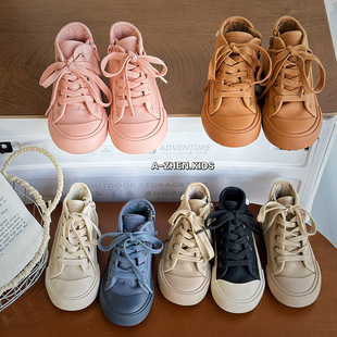 冬季加绒儿童高帮帆布鞋男女童二棉休闲板鞋侧拉链中大童保暖棉鞋