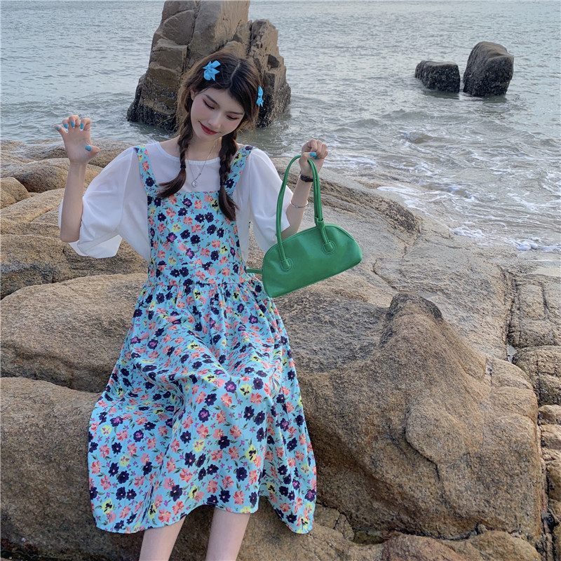 Real price real shot loose fashion Bubble Sleeve Chiffon Top floral dress two piece set of two pieces