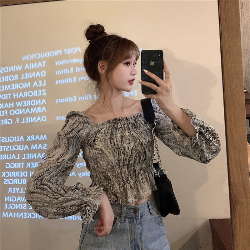 Real photo 2021 New Retro slim Square Collar Chiffon Top