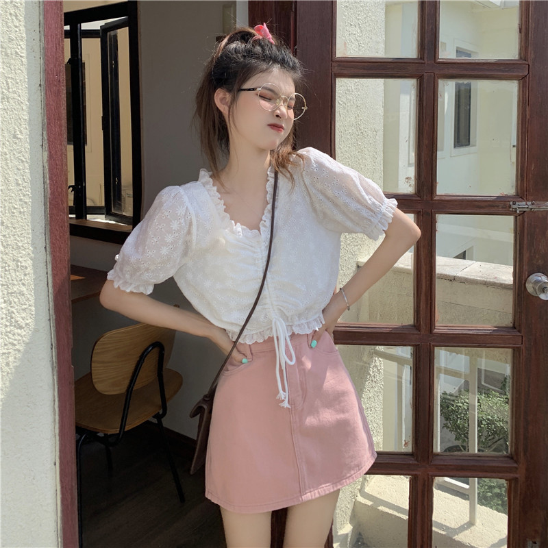 Real price real shooting V-neck bubble sleeve hollow out white shirt + two piece skirt set