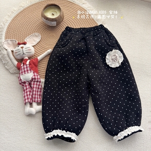 加绒卫裤 女童冬季 女宝加厚一体绒波点Kitty花边长裤 一条过冬