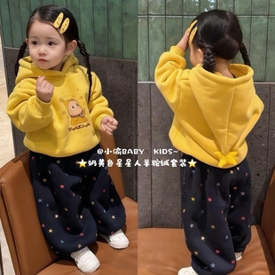 儿童加绒连帽卫衣套装冬季新款男女宝卡通加厚羊驼绒星星人两件套