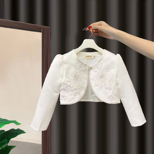 女童长袖短款披肩女孩子公主礼服纱裙外搭坎肩宝宝白色披风小外套