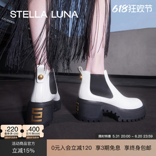 粗跟短靴牛皮黑白复古厚底踝靴切尔西靴 春秋新款 LUNA女鞋 STELLA