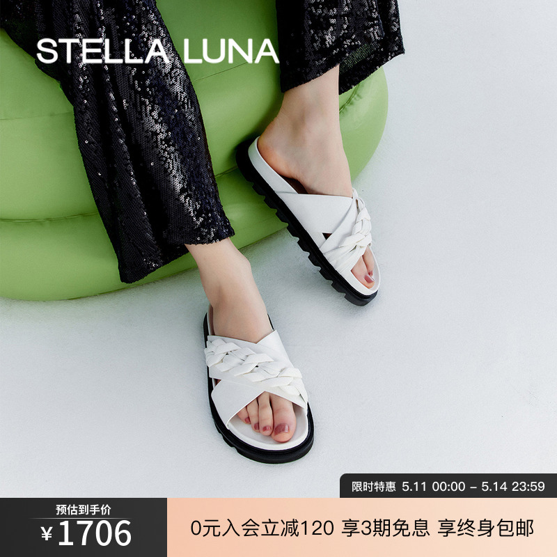 STELLA LUNA女鞋春夏新款拖鞋时尚百搭优雅牛皮链条凉鞋拖鞋外穿