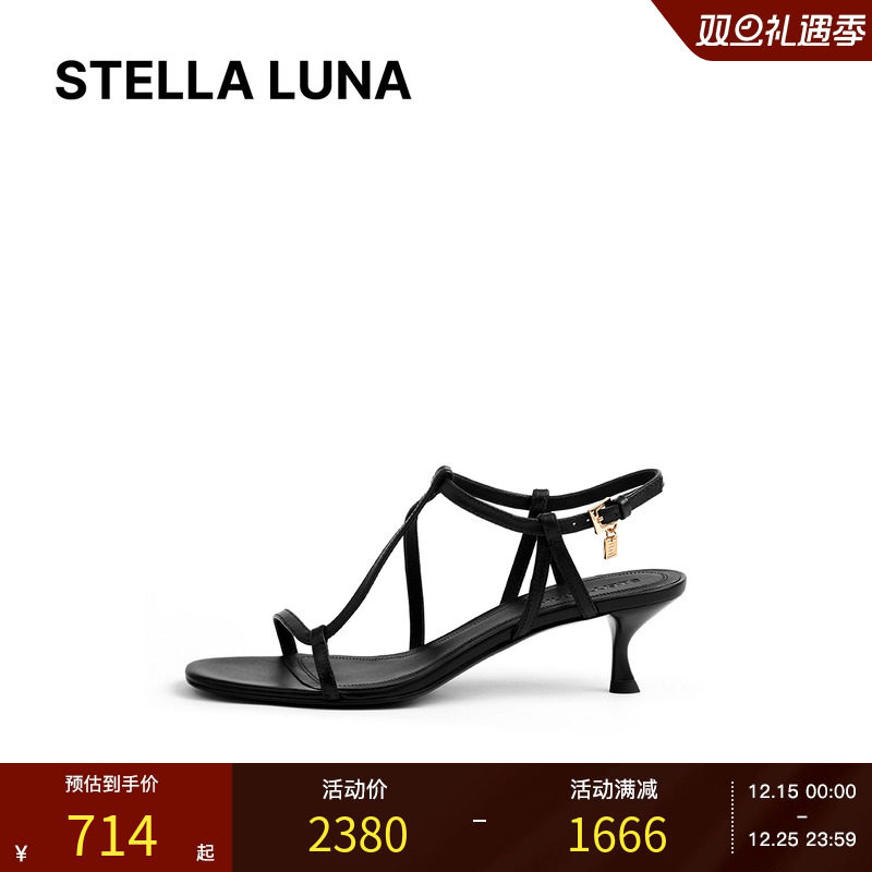 STELLA LUNA女鞋25SS春夏新款金属吊饰简约脚背细条带猫跟凉鞋