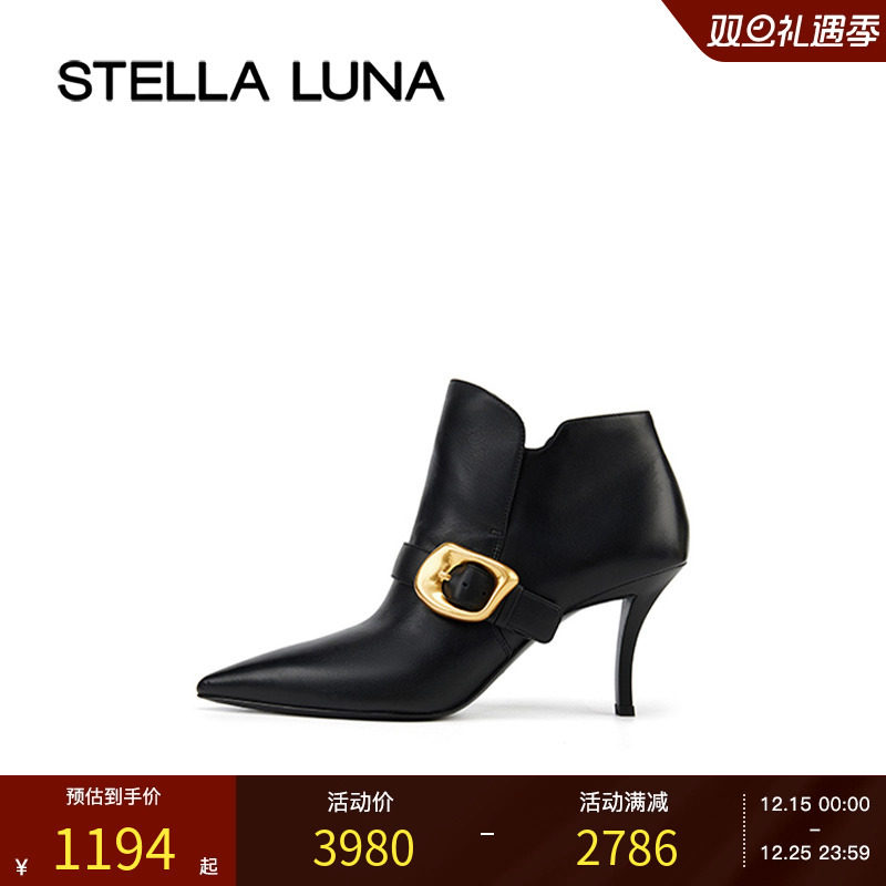 短靴气质尖头金属扣饰高跟踝靴