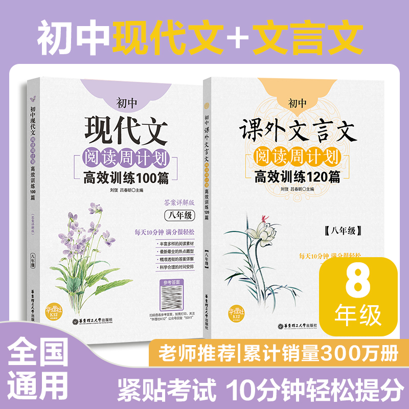 初中语文阅读文言文+现代文周计划八年级高效训练100篇120篇初二语文必刷题8年级上下册古文中考真题模拟试题技巧辅导教程资料书籍