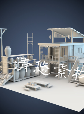 maya c4d fbx obj格式模型客栈酒馆场景元素罐子酒桶建筑 A275