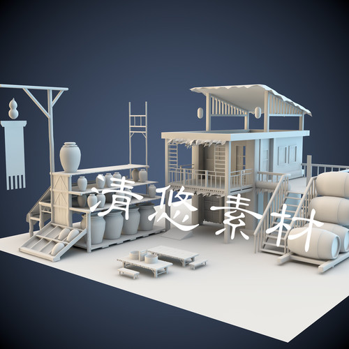 maya c4d fbx obj格式模型客栈酒馆场景元素罐子酒桶建筑 A275