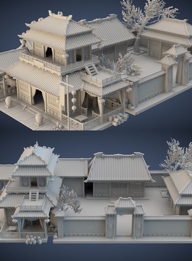 古代建筑模型院子客栈酒馆maya c4d fbx obj格式模型中国风 A119