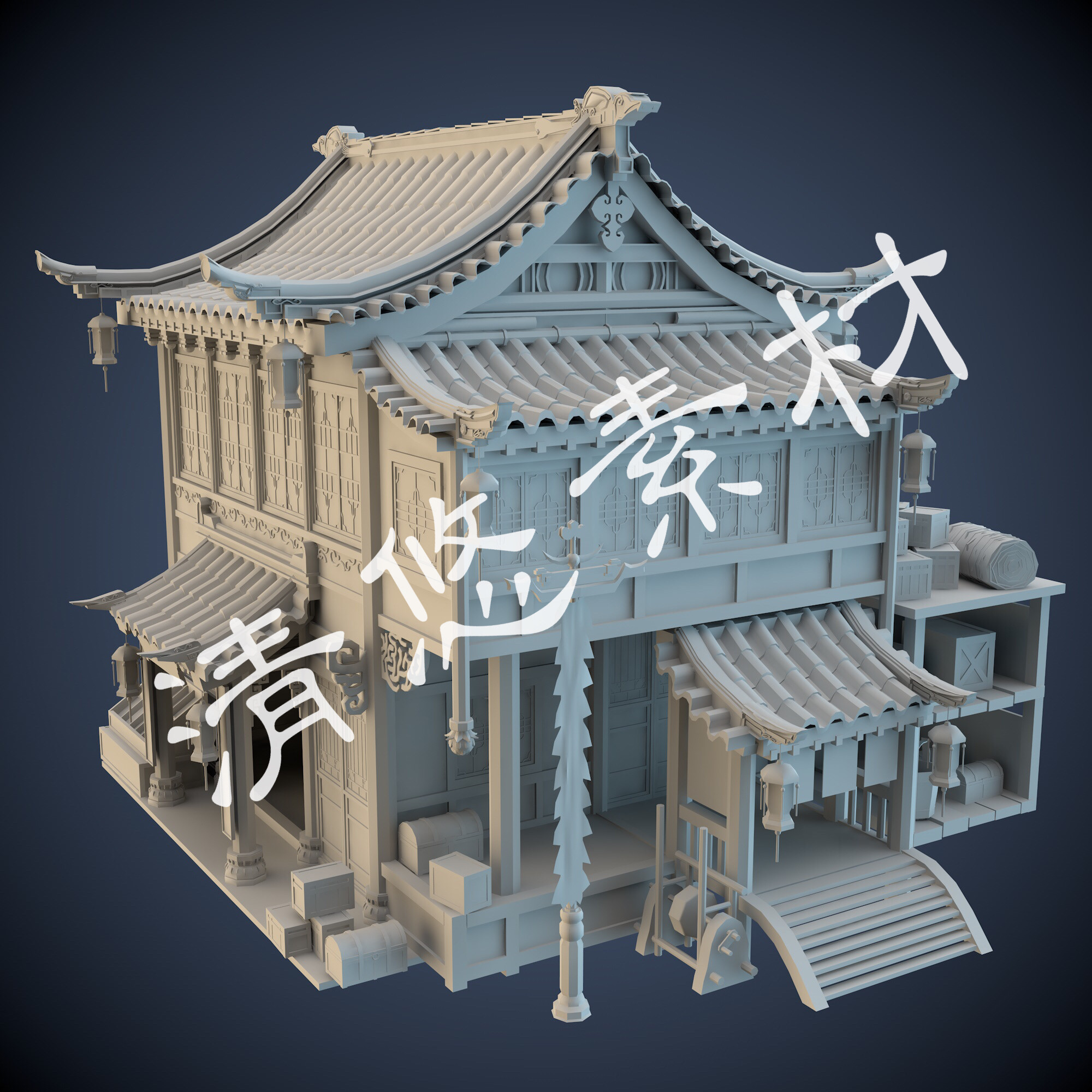 古代建筑客栈酒馆饭馆maya c4d fbx obj格式模型木箱子杂物 a110