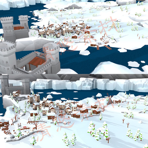 maya c4d fbx场景模型城堡冰川村庄卡通建筑树木雪地圣诞风格 985
