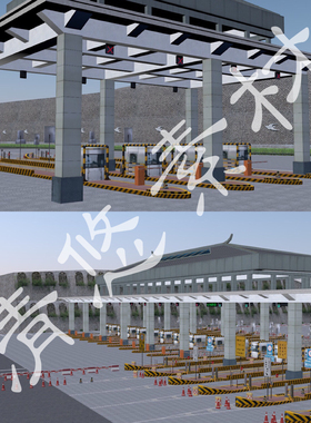高速公路收费站入口道路设施3dmax c4d fbx格式交通收费处场景484