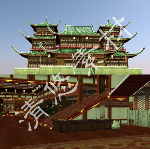 忠义堂古代建筑模型内部细节场景3dmax c4d fbx格式古建筑钱庄471