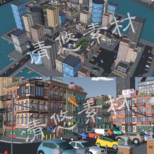 unity场景资源maya c4d fbx卡通城市街道建筑高楼大厦汽车模型866