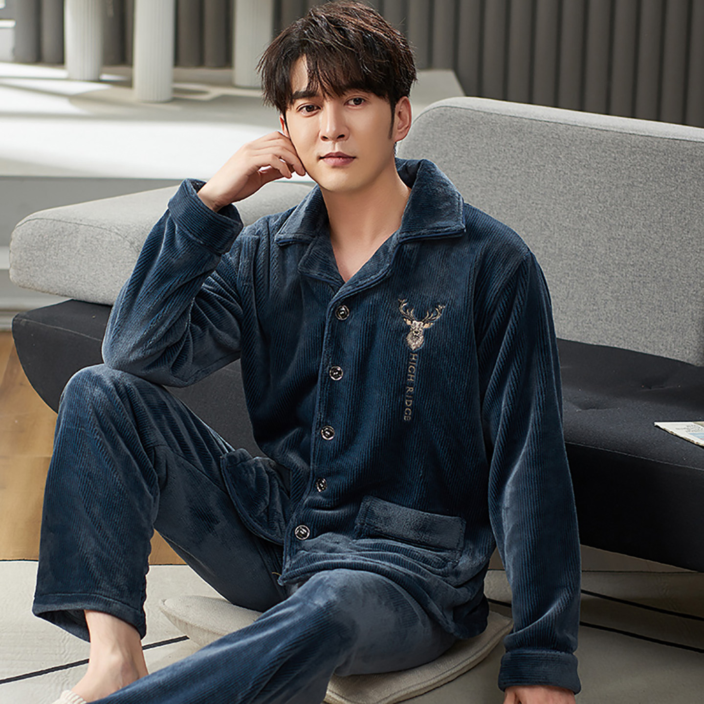 圆咖秋冬季男士法兰绒开衫睡衣
