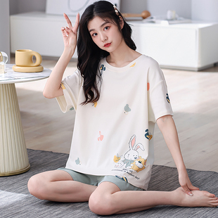 短裤 润微纯棉夏季 短袖 少女睡衣套装 休闲可爱学生女家居服 夏天薄款