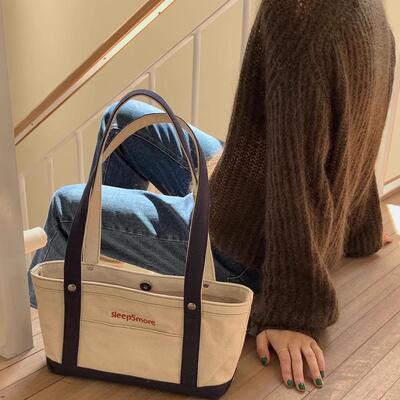 韩国小众学生上课手提单肩包新款大容量牛仔帆布托特包通勤便当包