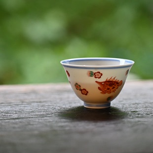 沁茗堂 红绿彩桃花鳜鱼杯 纯手工手绘茶具茶杯品茗杯不烫手主人杯
