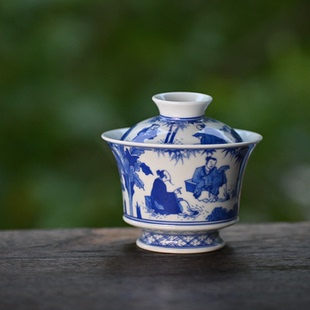 沁茗堂青花手绘竹林七贤盖碗 纯手工复古手绘泡茶碗品茗盖碗