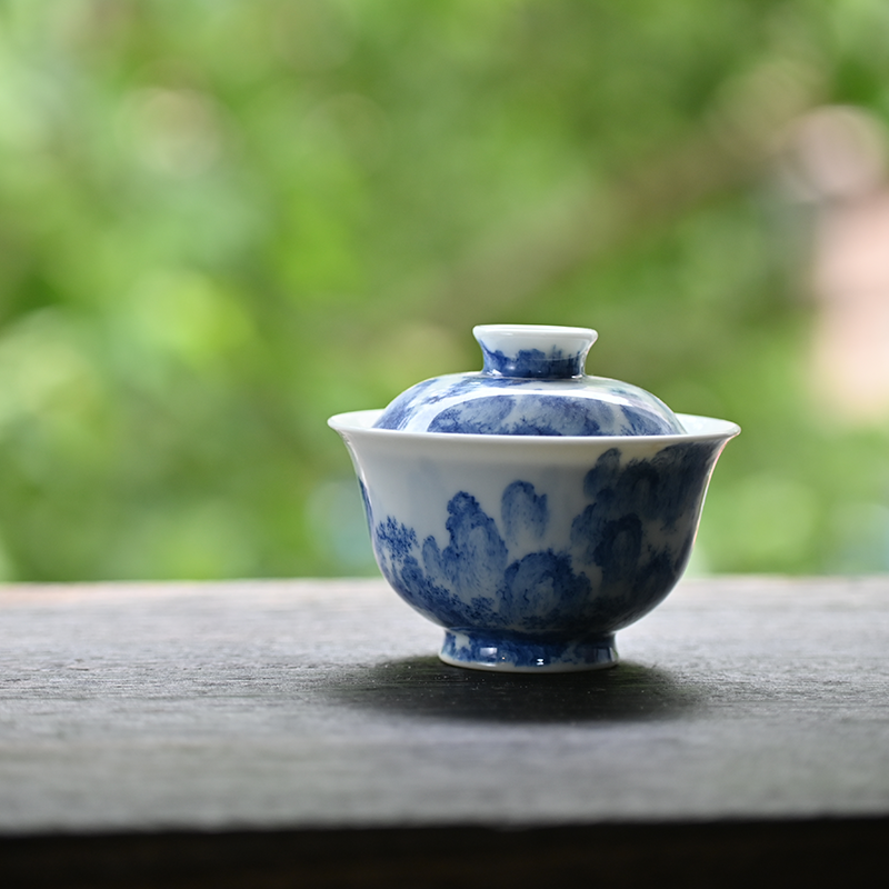 沁茗堂纯手工手绘青花山水盖碗
